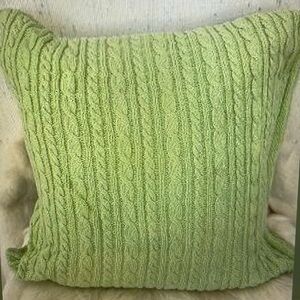 Light Green Large Zippered Feather Pillow. Cable Knit